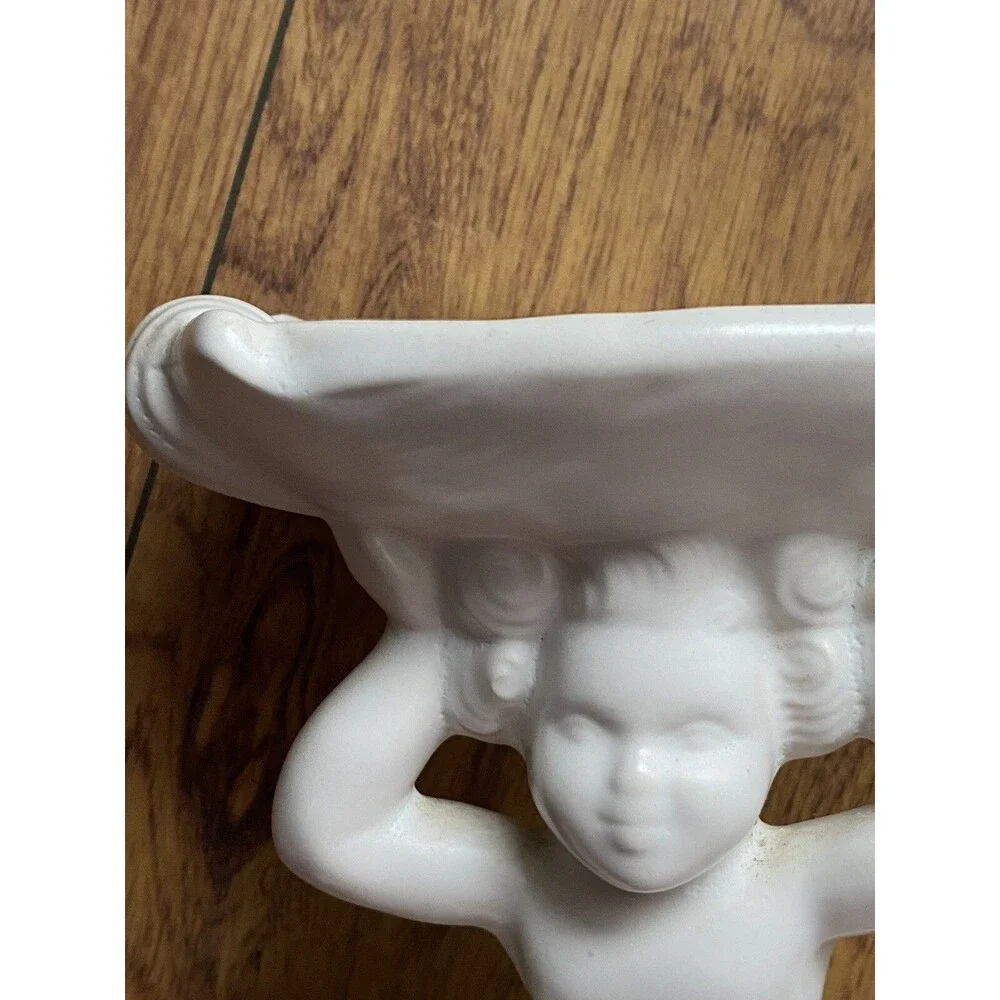 VINTAGE WHITE CHIC CERAMIC CHERUB COMPOTE SOAP DISH SHABBY COTTAGE FARMHOUSE